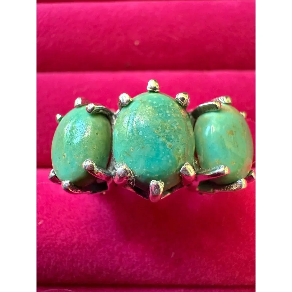 Unique Green Turquoise Three-Stone Women's Ring - Sterling Silver
